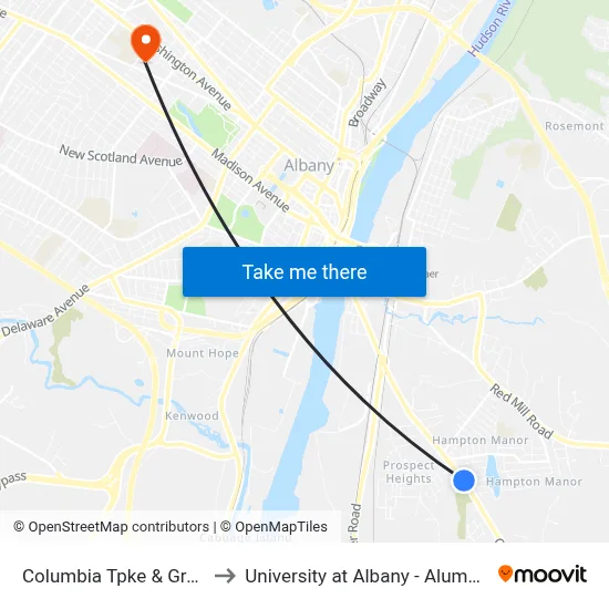 Columbia Tpke & Grove St to University at Albany - Alumni Quad map