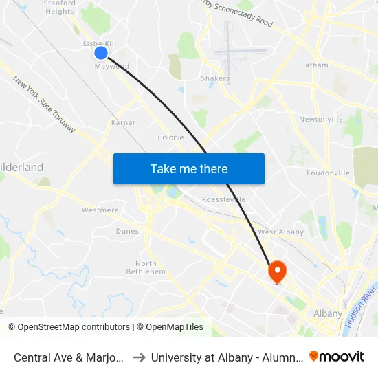 Central Ave & Marjorie Rd to University at Albany - Alumni Quad map