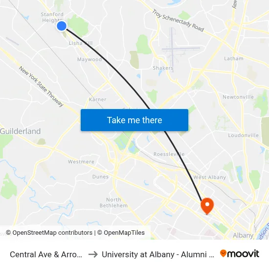 Central Ave & Arrow St to University at Albany - Alumni Quad map