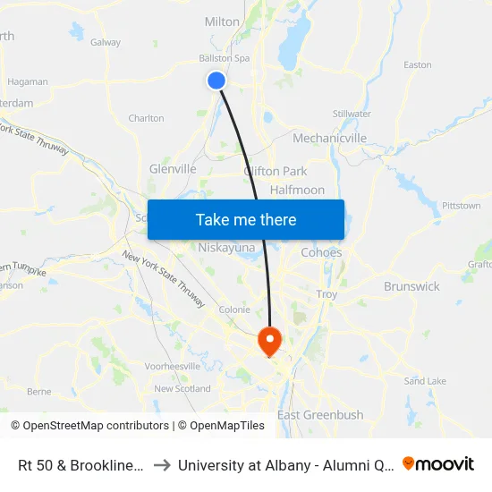 Rt 50 & Brookline Rd to University at Albany - Alumni Quad map