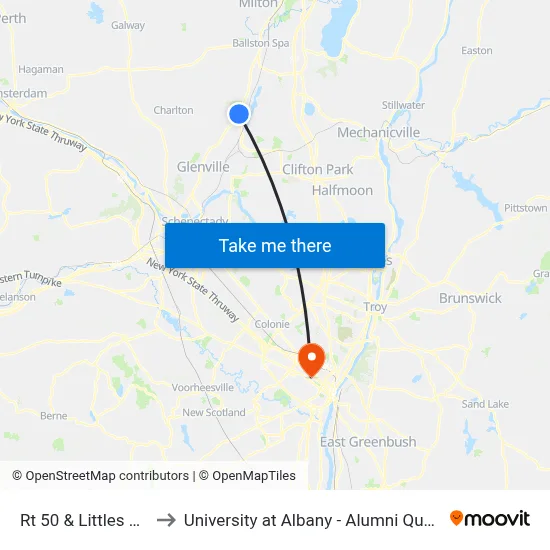 Rt 50 & Littles Rd to University at Albany - Alumni Quad map