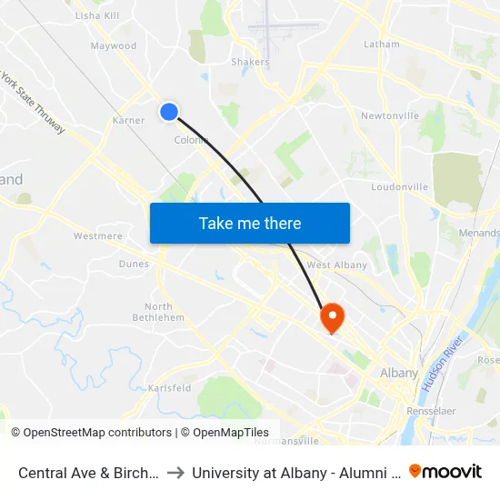 Central Ave & Birch Ave to University at Albany - Alumni Quad map