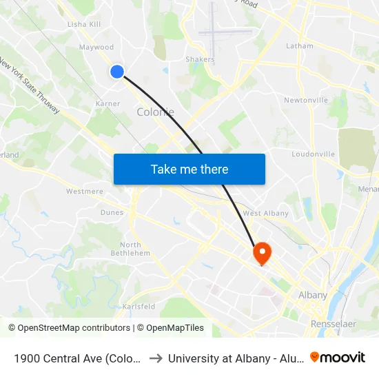 1900 Central Ave (Colonie Plaza) to University at Albany - Alumni Quad map