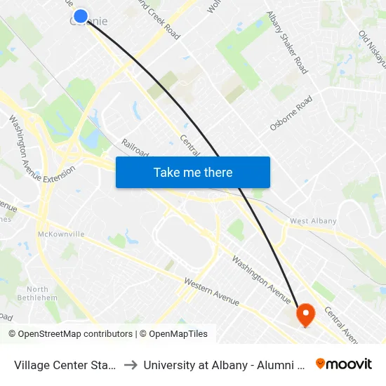 Village Center Station to University at Albany - Alumni Quad map