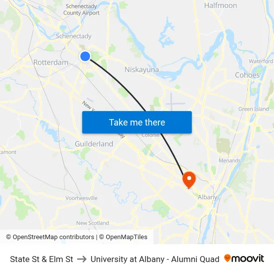 State St & Elm St to University at Albany - Alumni Quad map