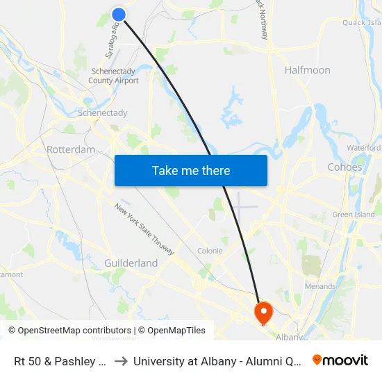 Rt 50 & Pashley Rd to University at Albany - Alumni Quad map