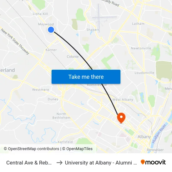 Central Ave & Reber St to University at Albany - Alumni Quad map