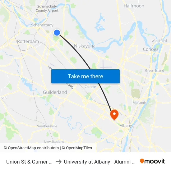 Union St & Garner Ave to University at Albany - Alumni Quad map