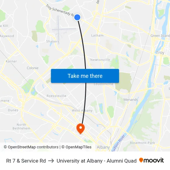 Rt 7 & Service Rd to University at Albany - Alumni Quad map