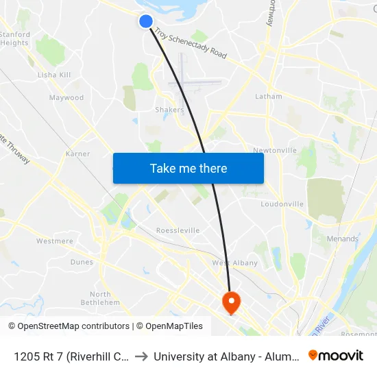 1205 Rt 7 (Riverhill Center) to University at Albany - Alumni Quad map