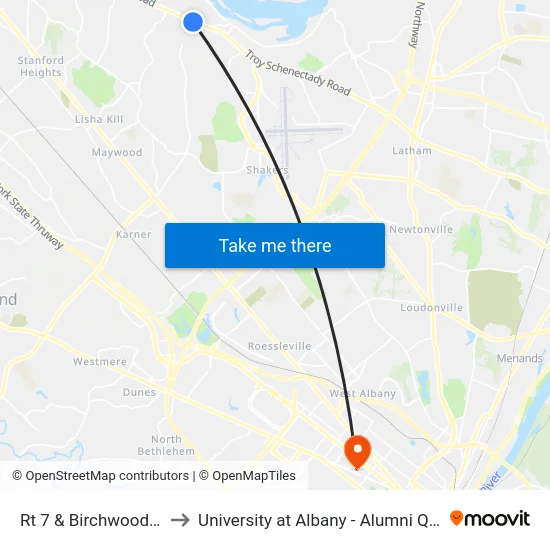 Rt 7 & Birchwood Ln to University at Albany - Alumni Quad map