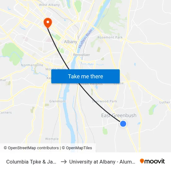 Columbia Tpke & Jacob St to University at Albany - Alumni Quad map