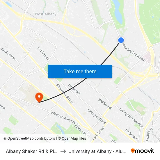 Albany Shaker Rd & Pilgrim Dr to University at Albany - Alumni Quad map