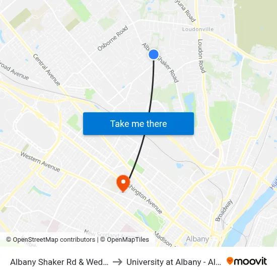 Albany Shaker Rd & Wedgewood Dr to University at Albany - Alumni Quad map