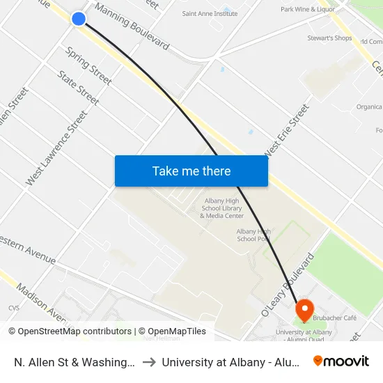 N. Allen St & Washington Ave to University at Albany - Alumni Quad map