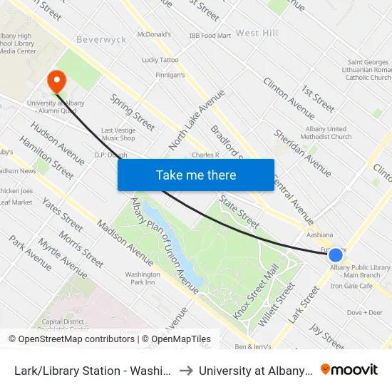 Lark/Library Station - Washington Ave & Lark St to University at Albany - Alumni Quad map