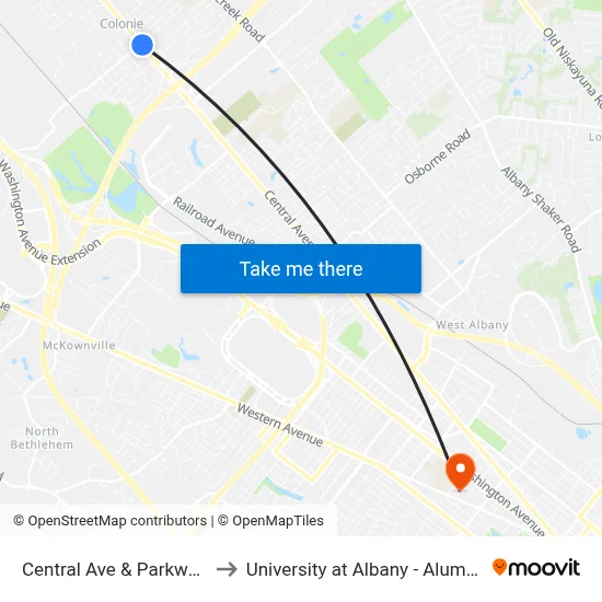 Central Ave & Parkwood Dr to University at Albany - Alumni Quad map