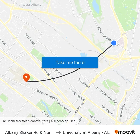 Albany Shaker Rd & Northern Blvd to University at Albany - Alumni Quad map