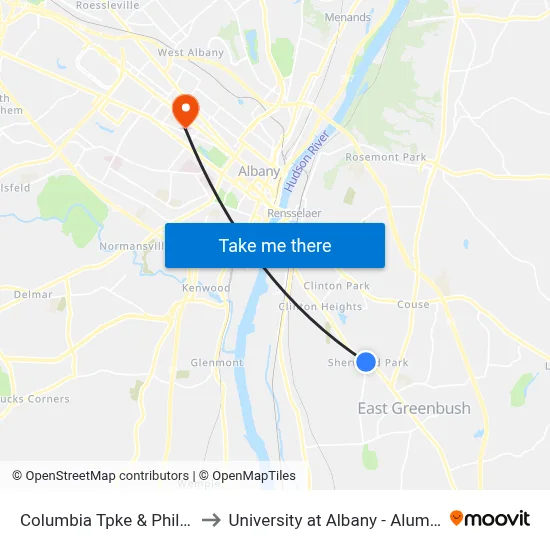 Columbia Tpke & Phillips Rd to University at Albany - Alumni Quad map