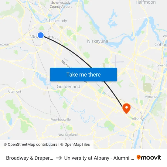 Broadway & Draper Ave to University at Albany - Alumni Quad map