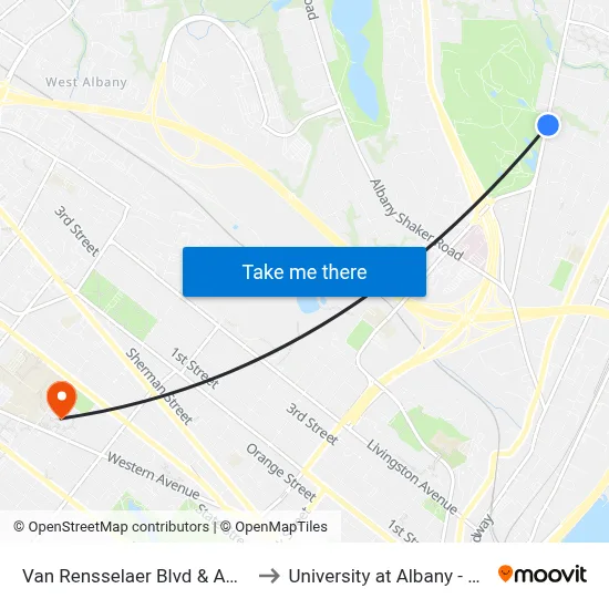 Van Rensselaer Blvd & Amsterdam Ave to University at Albany - Alumni Quad map