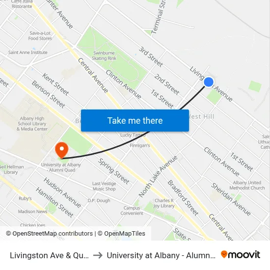 Livingston Ave & Quail St to University at Albany - Alumni Quad map