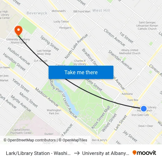 Lark/Library Station - Washington Ave & Lark St to University at Albany - Alumni Quad map