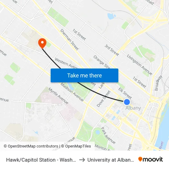 Hawk/Capitol Station - Washington Ave & Hawk St to University at Albany - Alumni Quad map