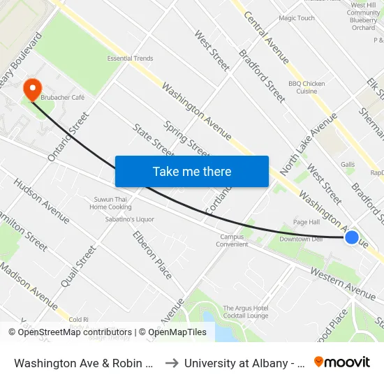 Washington Ave & Robin St (Draper Hall) to University at Albany - Alumni Quad map