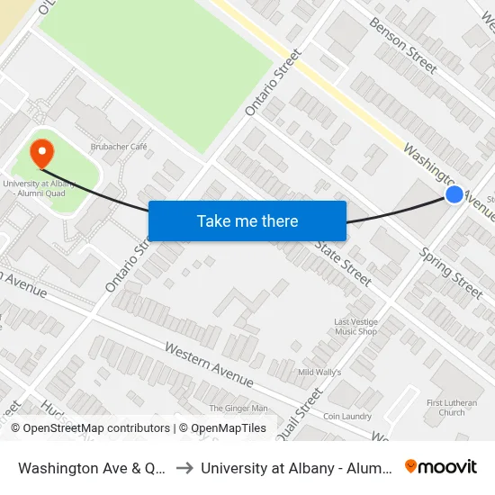 Washington Ave & Quail St to University at Albany - Alumni Quad map