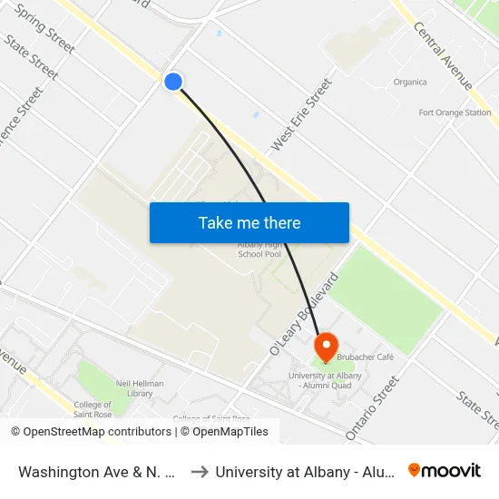 Washington Ave & N. Main Ave to University at Albany - Alumni Quad map