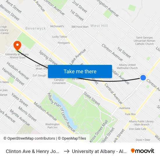 Clinton Ave & Henry Johnson Blvd to University at Albany - Alumni Quad map