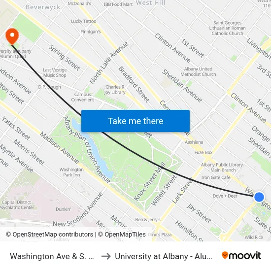 Washington Ave & S. Swan St to University at Albany - Alumni Quad map
