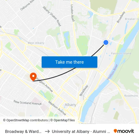 Broadway & Wards Ln to University at Albany - Alumni Quad map