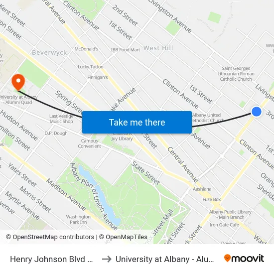 Henry Johnson Blvd & 2nd St to University at Albany - Alumni Quad map
