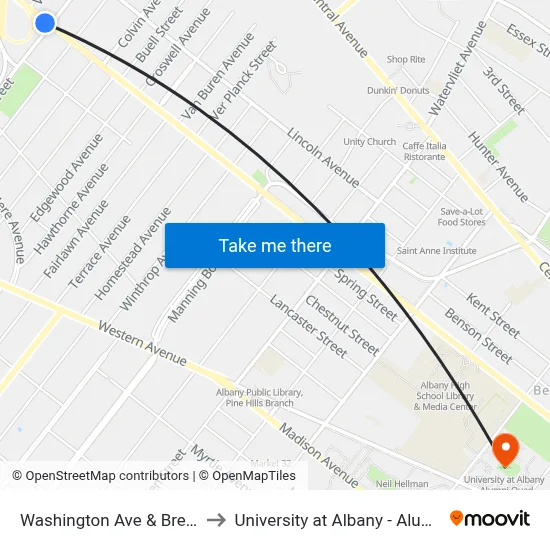 Washington Ave & Brevator St to University at Albany - Alumni Quad map