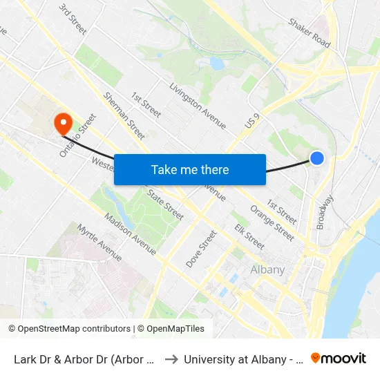 Lark Dr & Arbor Dr (Arbor Hill Elementary) to University at Albany - Alumni Quad map