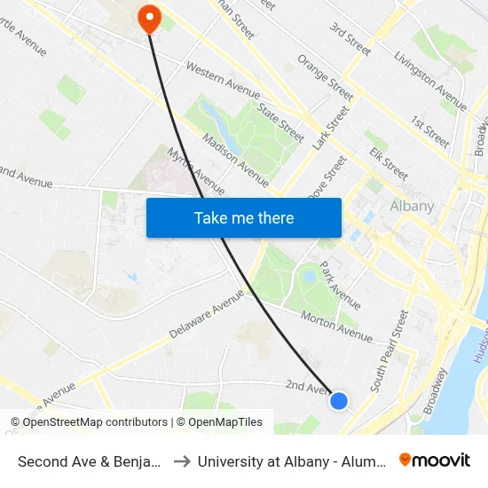 Second Ave & Benjamin St to University at Albany - Alumni Quad map