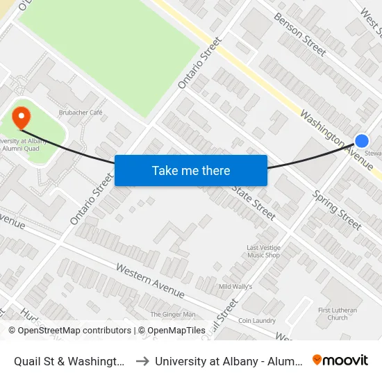 Quail St & Washington Ave to University at Albany - Alumni Quad map