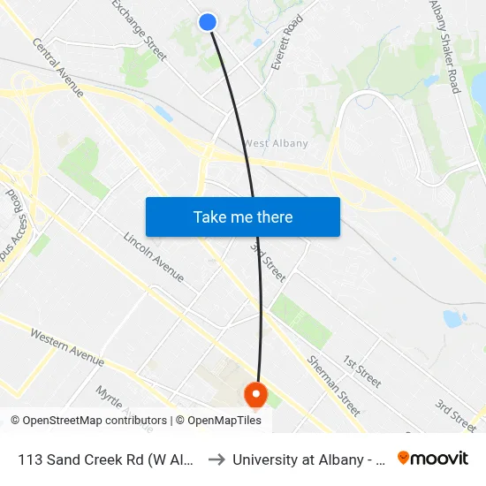 113 Sand Creek Rd (W Albany Fire Dept) to University at Albany - Alumni Quad map