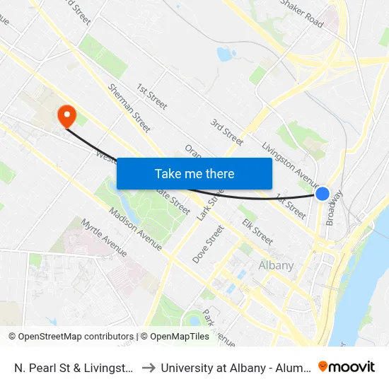 N. Pearl St & Livingston Ave to University at Albany - Alumni Quad map