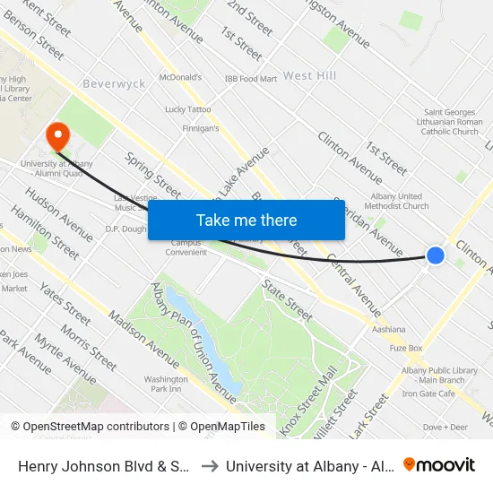 Henry Johnson Blvd & Sheridan Ave to University at Albany - Alumni Quad map