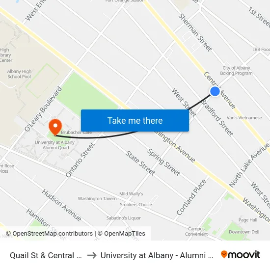Quail St & Central Ave to University at Albany - Alumni Quad map