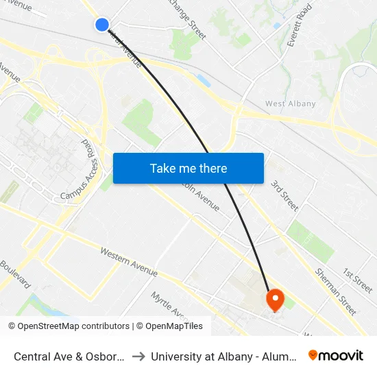 Central Ave & Osborne Rd to University at Albany - Alumni Quad map