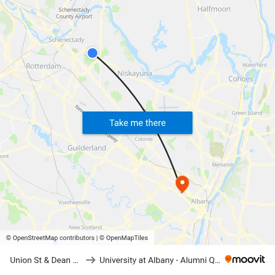 Union St & Dean Ave to University at Albany - Alumni Quad map