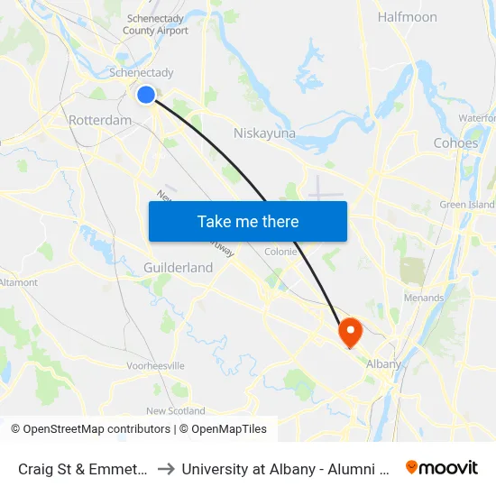 Craig St & Emmett St to University at Albany - Alumni Quad map