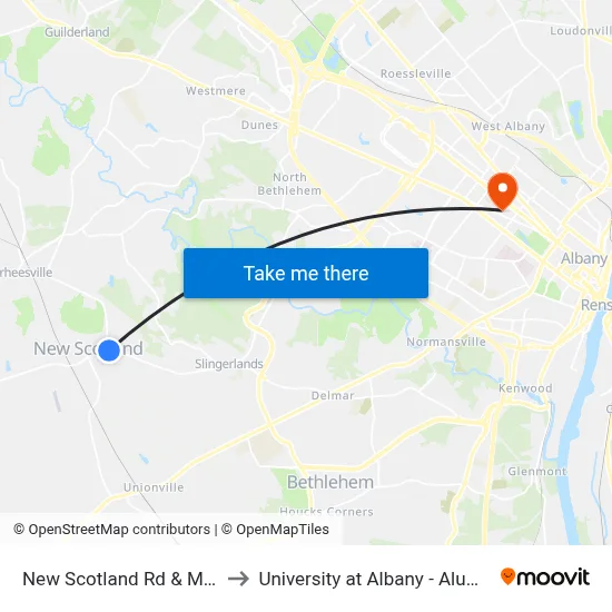 New Scotland Rd & Maple Rd to University at Albany - Alumni Quad map