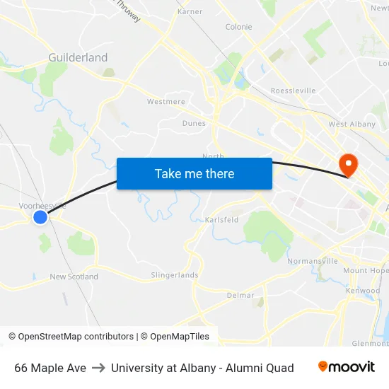 66 Maple Ave to University at Albany - Alumni Quad map