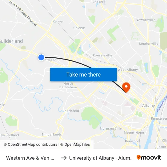 Western Ave & Van Wie Terr to University at Albany - Alumni Quad map