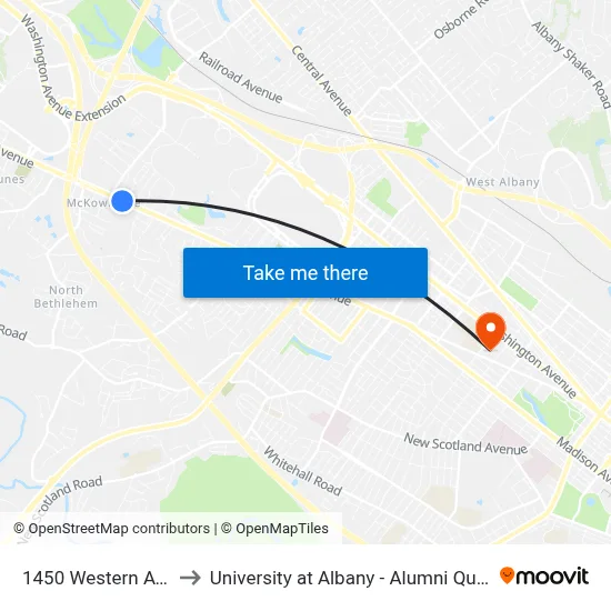 1450 Western Ave to University at Albany - Alumni Quad map
